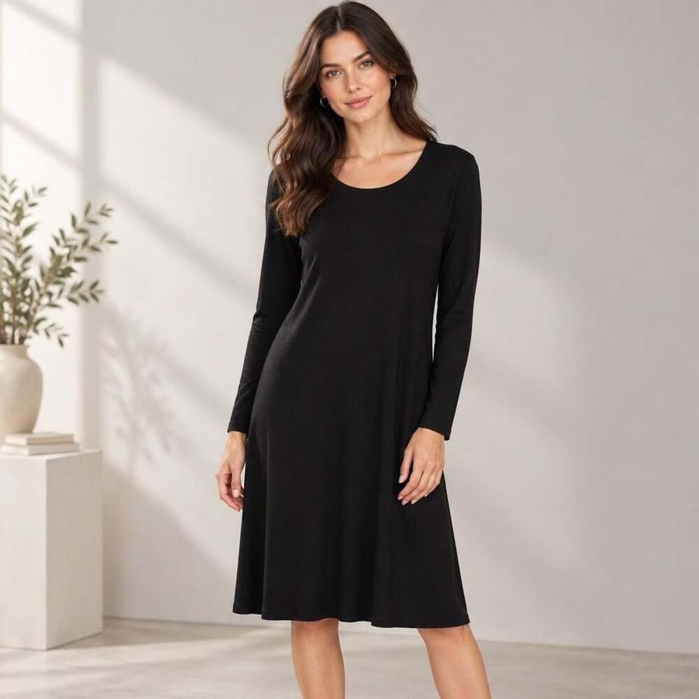 Karen Kane Long Sleeve Dress Size 1X Black U-Neck Midi A-Line Rayon